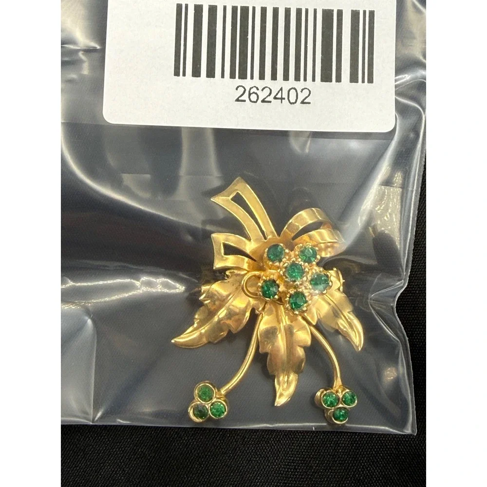 Vintage Feminine Green Rhinestone Floral Bow Brooch Pin Leaf Retro Statement